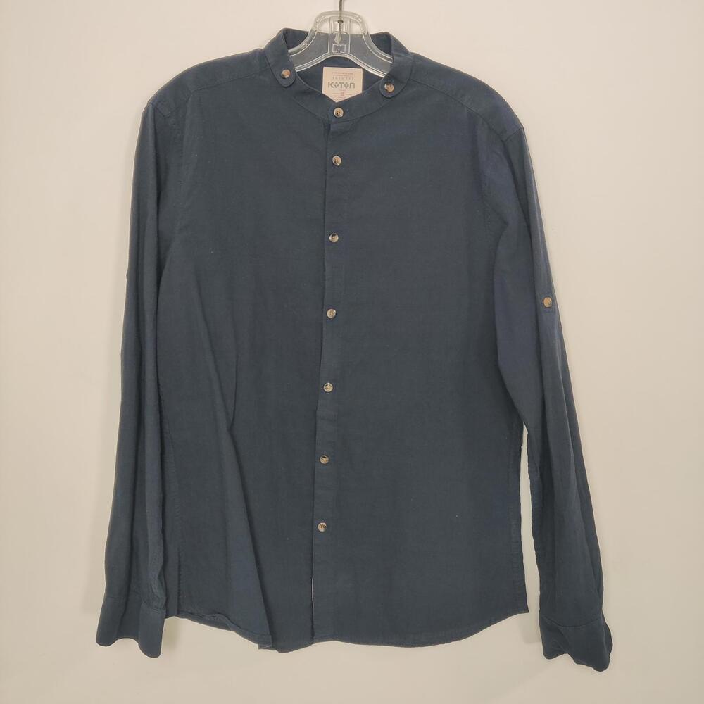 Koton Casual Collection Men’s Navy Slim Fit Band Collar Button Shirt Large